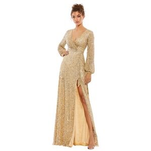 Mac Duggal 5213 Champagne Long Sleeve Sequin Gown Size 4 $498